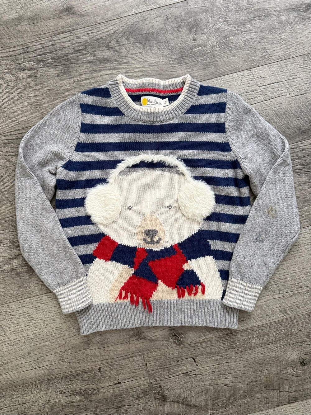 Mini Boden cotton blend boys sweater sz small 7-8 years gray blue bear 🐻